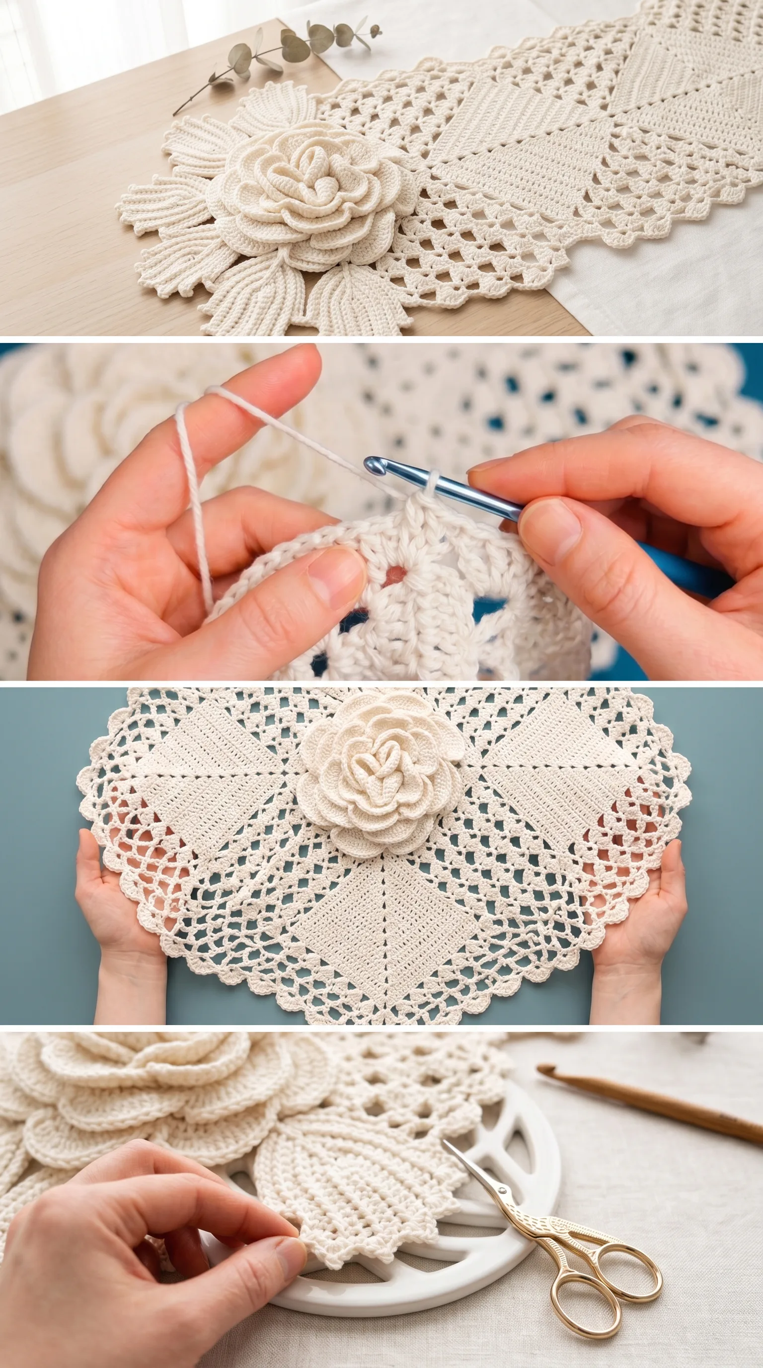 Crochet 3D Rose Table Runner: An Elegant Floral Centerpiece pattern