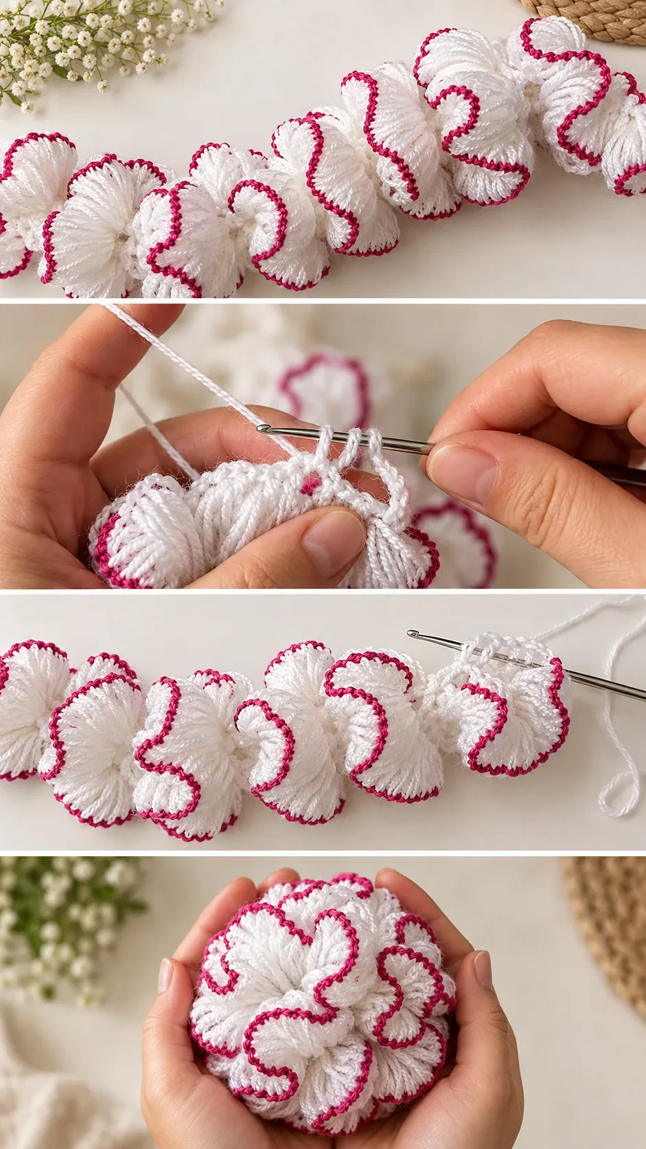Crochet Ruffle Pom Pom Trim: A Whimsical Decorative Accent pattern